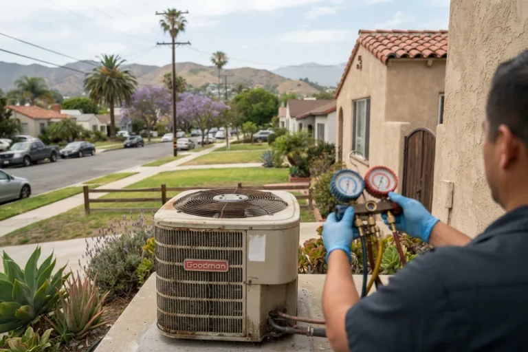 Technician checking refrigerant pressure on an outdoor AC unit